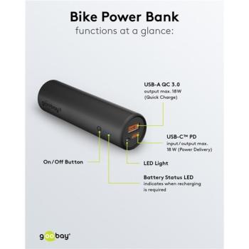 goobay Bike-Powerbank 5.0 (schwarz, 5.000 mAh, Power Delivery, Quick Charge)
