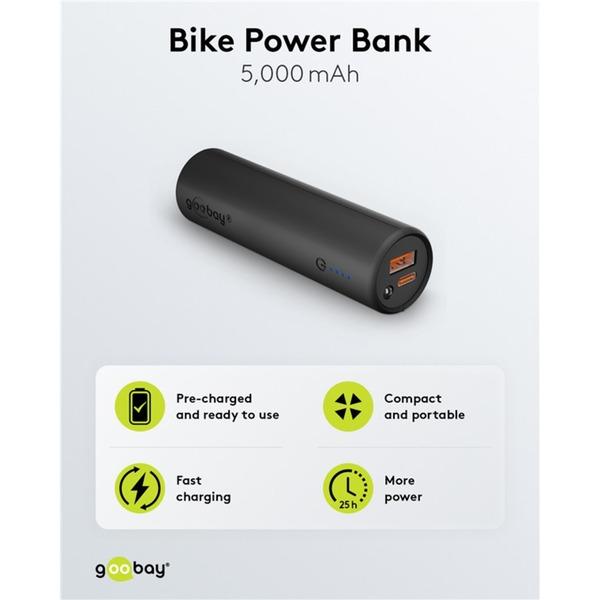 goobay Bike-Powerbank 5.0 (schwarz, 5.000 mAh, Power Delivery, Quick Charge)