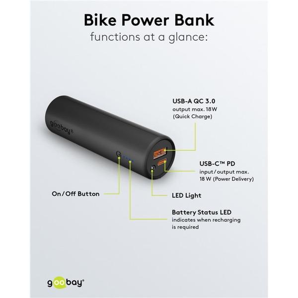 goobay Bike-Powerbank 5.0 (schwarz, 5.000 mAh, Power Delivery, Quick Charge)